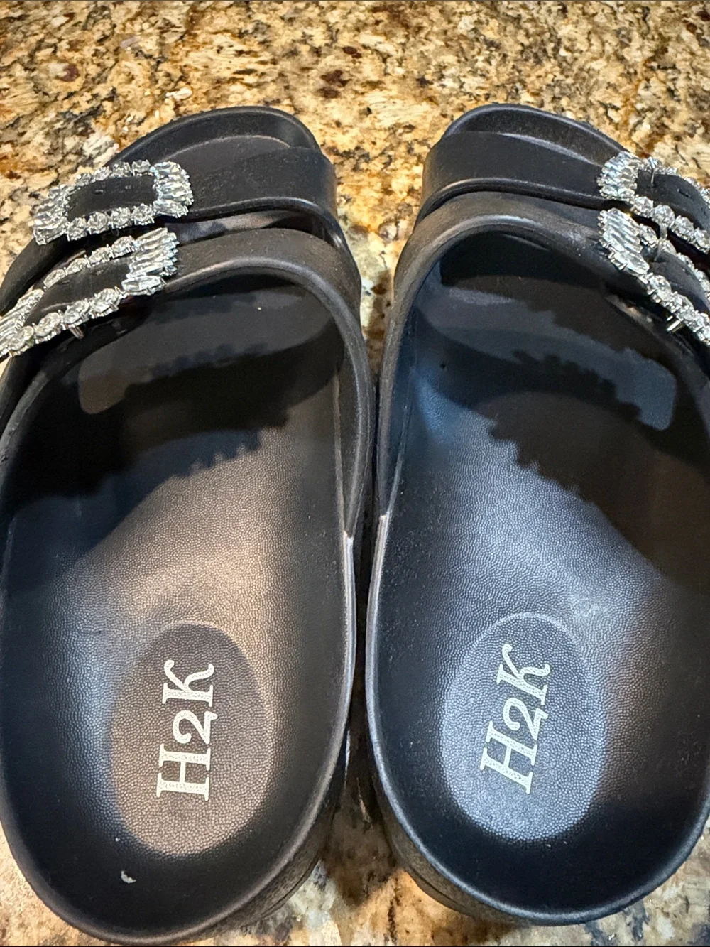 Black Crystal Buckle Double-Strap Slide Sandals 6.5 NWOT